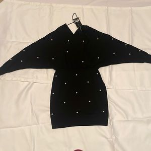 Womens black off shoulder stretch dress with faux pearls